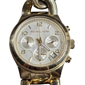 Michael Kors Runway MK-3131 Chronograph Watch Womens Gold Tone Chain Link Tested